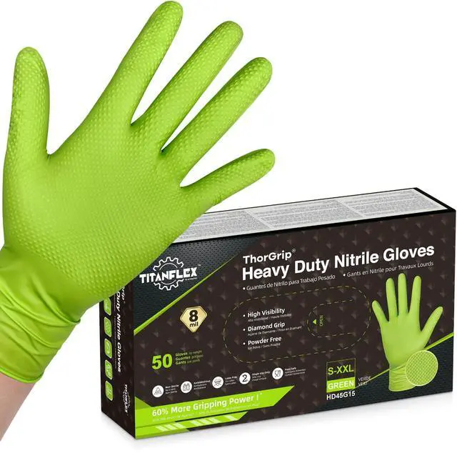 Main image of Heavy Duty Green Industrial Nitrile Gloves, 8-mil, Medium, Box of 50, Latex Free, Raised Diamond Texture Grip, Powder Free, Food Safe, Rubber Gloves, Mechanic Gloves