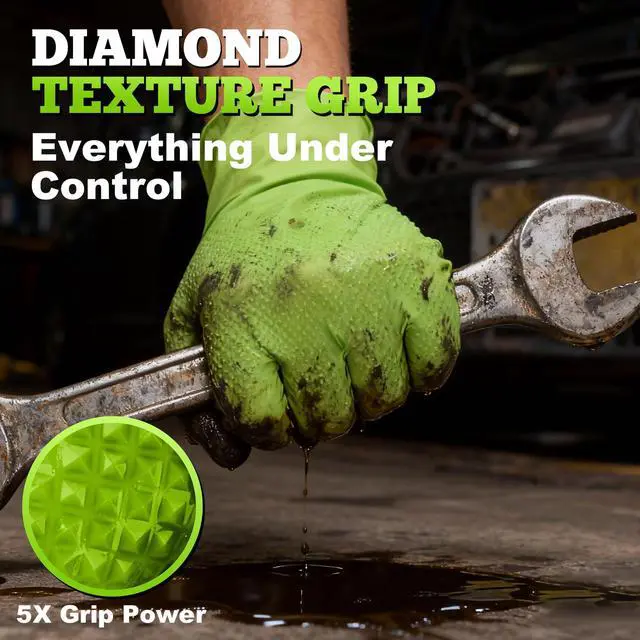 Alt view image 3 of 7 - Heavy Duty Green Industrial Nitrile Gloves, 8-mil, Medium, Box of 50, Latex Free, Raised Diamond Texture Grip, Powder Free, Food Safe, Rubber Gloves, Mechanic Gloves