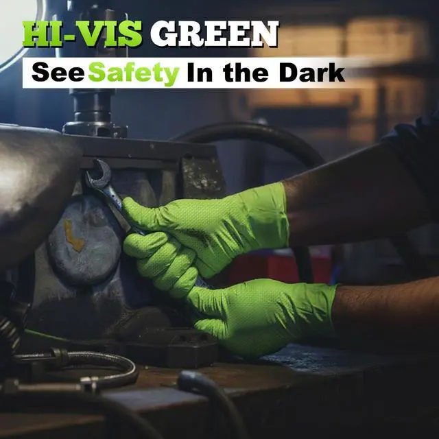 Alt view image 4 of 7 - Heavy Duty Green Industrial Nitrile Gloves, 8-mil, Medium, Box of 50, Latex Free, Raised Diamond Texture Grip, Powder Free, Food Safe, Rubber Gloves, Mechanic Gloves