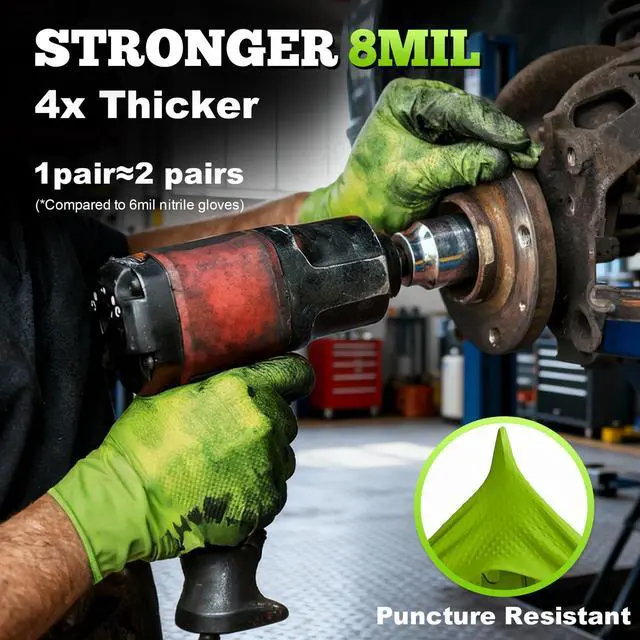 Alt view image 2 of 7 - Heavy Duty Green Industrial Nitrile Gloves, 8-mil, Medium, Box of 50, Latex Free, Raised Diamond Texture Grip, Powder Free, Food Safe, Rubber Gloves, Mechanic Gloves