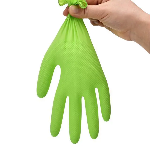 Alt view image 7 of 7 - Heavy Duty Green Industrial Nitrile Gloves, 8-mil, Medium, Box of 50, Latex Free, Raised Diamond Texture Grip, Powder Free, Food Safe, Rubber Gloves, Mechanic Gloves
