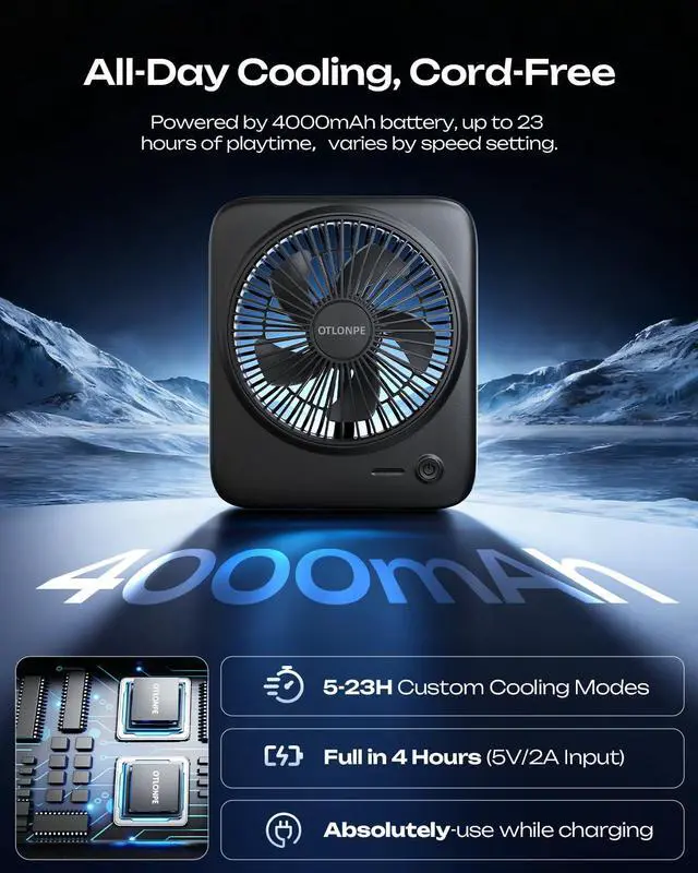 Alt view image 3 of 7 - Personal Portable Desk Fan, 4000mAh Small Rechargeable Portable Fan Battery Operated & USB Powered for Travel Sleeping Bedroom Office Home Table, Cordless, Quiet, 4-Speed, 6.5 Inch (Black)