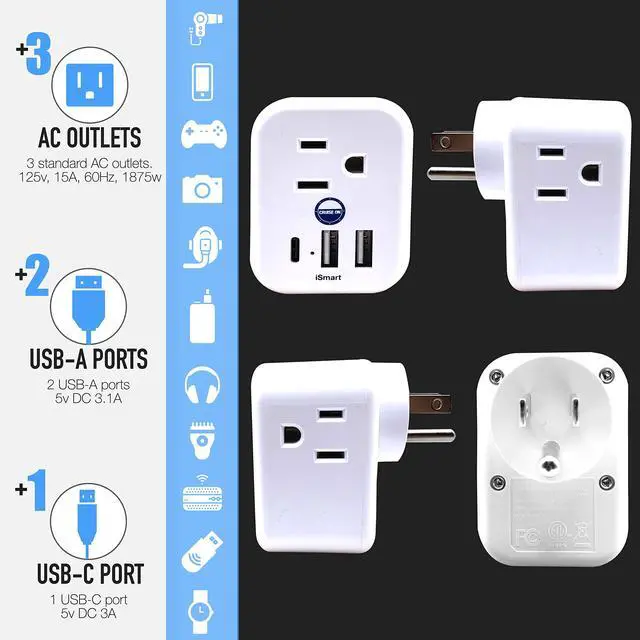 Alt view image 3 of 7 - Approved Power Strip Non Surge Protector for Cruise Ship Multi Plug, 6 Outlets, 2 USB-A, 1 USB-C, & 3 AC Outlet for Carnival, Celebrity, Princess, Norwegian & Major Lines in 2026 & 2027