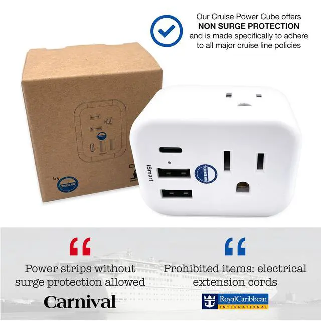 Alt view image 6 of 7 - Approved Power Strip Non Surge Protector for Cruise Ship Multi Plug, 6 Outlets, 2 USB-A, 1 USB-C, & 3 AC Outlet for Carnival, Celebrity, Princess, Norwegian & Major Lines in 2026 & 2027