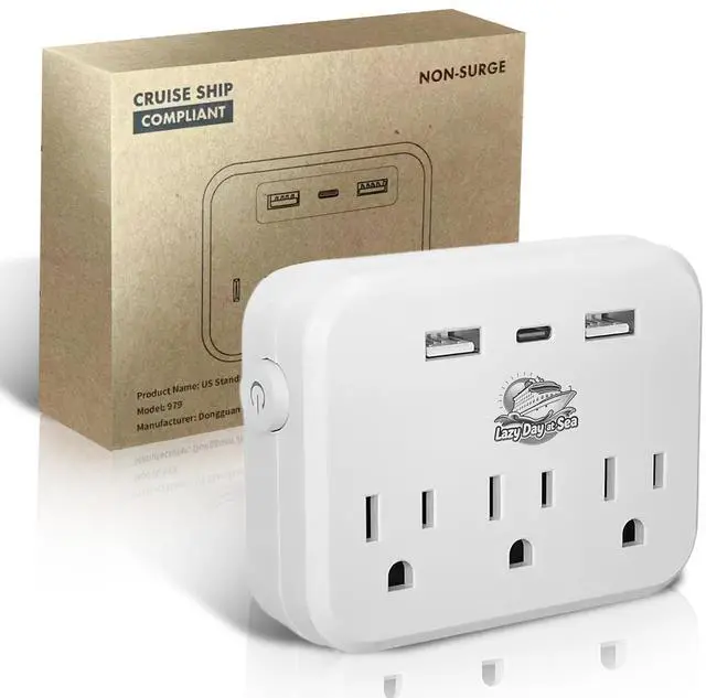 Main image of Cruise Ship Compliant Non-Surge Power Strip (6-in-1) Outlet Extender with 3 AC Outlets, 2 USB Ports & 1 USB-C, 2500W, Carnival, Norwegian, Princess & Disney Cruises Verify Policies Before Travel