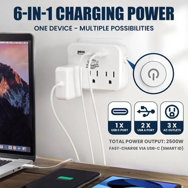 Alt view image 2 of 7 - Cruise Ship Compliant Non-Surge Power Strip (6-in-1) Outlet Extender with 3 AC Outlets, 2 USB Ports & 1 USB-C, 2500W, Carnival, Norwegian, Princess & Disney Cruises Verify Policies Before Travel