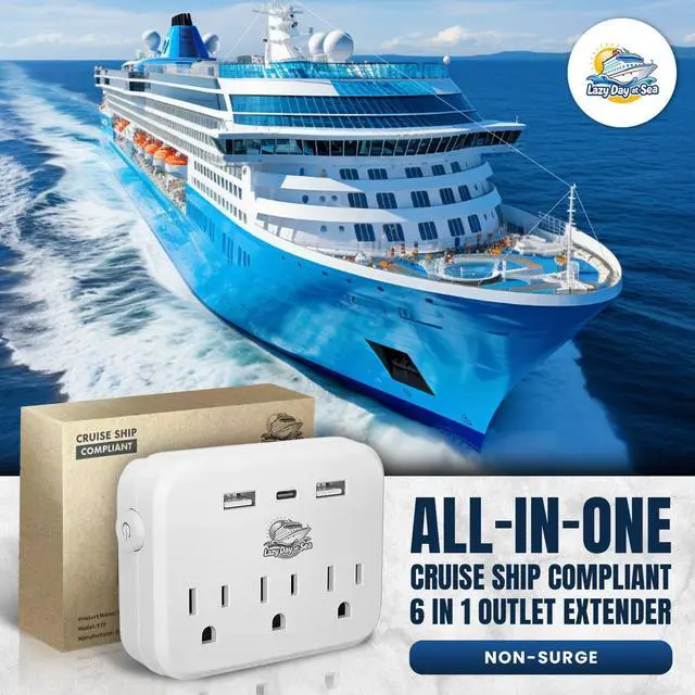 Alt view image 3 of 7 - Cruise Ship Compliant Non-Surge Power Strip (6-in-1) Outlet Extender with 3 AC Outlets, 2 USB Ports & 1 USB-C, 2500W, Carnival, Norwegian, Princess & Disney Cruises Verify Policies Before Travel
