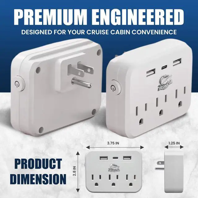 Alt view image 4 of 7 - Cruise Ship Compliant Non-Surge Power Strip (6-in-1) Outlet Extender with 3 AC Outlets, 2 USB Ports & 1 USB-C, 2500W, Carnival, Norwegian, Princess & Disney Cruises Verify Policies Before Travel