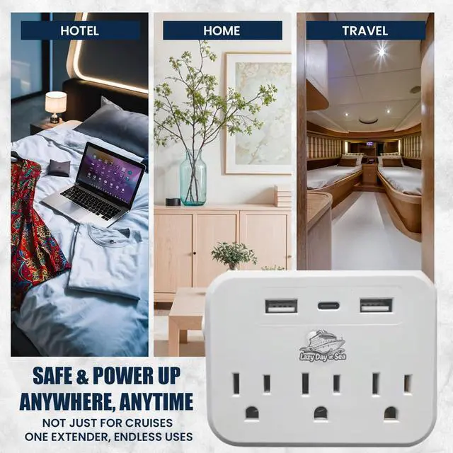 Alt view image 5 of 7 - Cruise Ship Compliant Non-Surge Power Strip (6-in-1) Outlet Extender with 3 AC Outlets, 2 USB Ports & 1 USB-C, 2500W, Carnival, Norwegian, Princess & Disney Cruises Verify Policies Before Travel