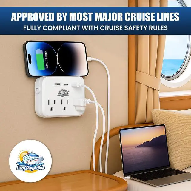 Alt view image 6 of 7 - Cruise Ship Compliant Non-Surge Power Strip (6-in-1) Outlet Extender with 3 AC Outlets, 2 USB Ports & 1 USB-C, 2500W, Carnival, Norwegian, Princess & Disney Cruises Verify Policies Before Travel
