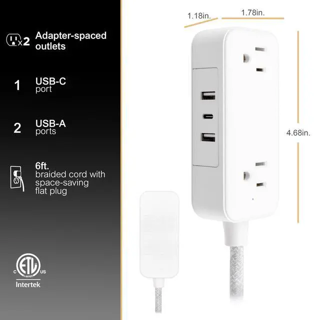 Alt view image 3 of 6 - Flat Plug Power Strip Extension Cord with USB Ports, Travel Power Strip with 2 Outlets 3 USB Ports, Cruise Ship Essentials, 6 Ft Braided Small Extension Cord Flat Wall Plug, ETL Listed White, 81597