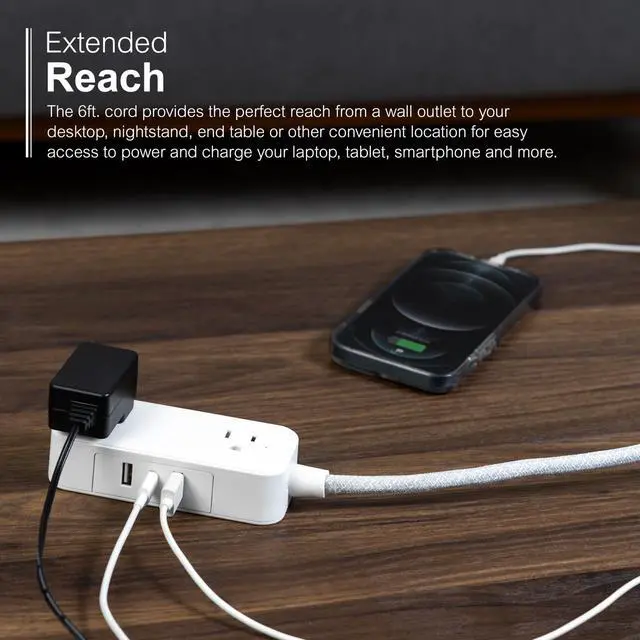 Alt view image 4 of 6 - Flat Plug Power Strip Extension Cord with USB Ports, Travel Power Strip with 2 Outlets 3 USB Ports, Cruise Ship Essentials, 6 Ft Braided Small Extension Cord Flat Wall Plug, ETL Listed White, 81597
