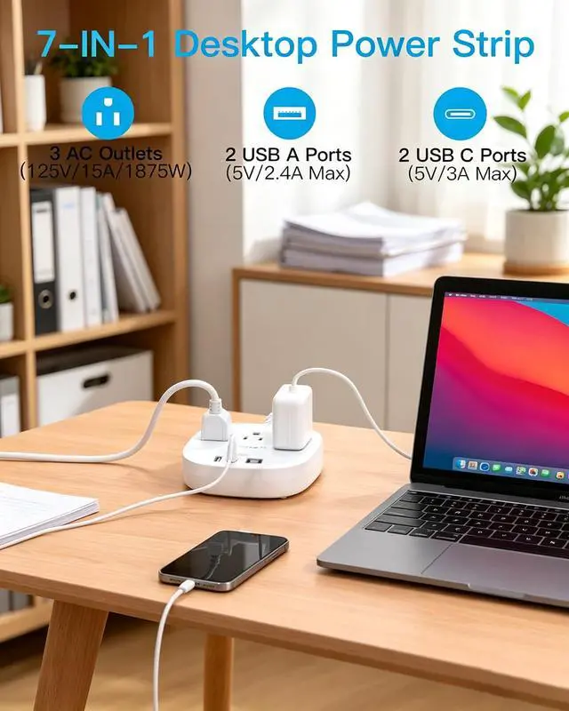 Alt view image 2 of 6 - Cruise Ship Travel Essentials, 22.5W/4.5A Flat Plug Power Strip, 3Ft Flat Extension Cord, 3 Outlets 4 USB Ports (2 USB C) Cruise Approved Power Strip No Surge Protection, Desktop Charging Station