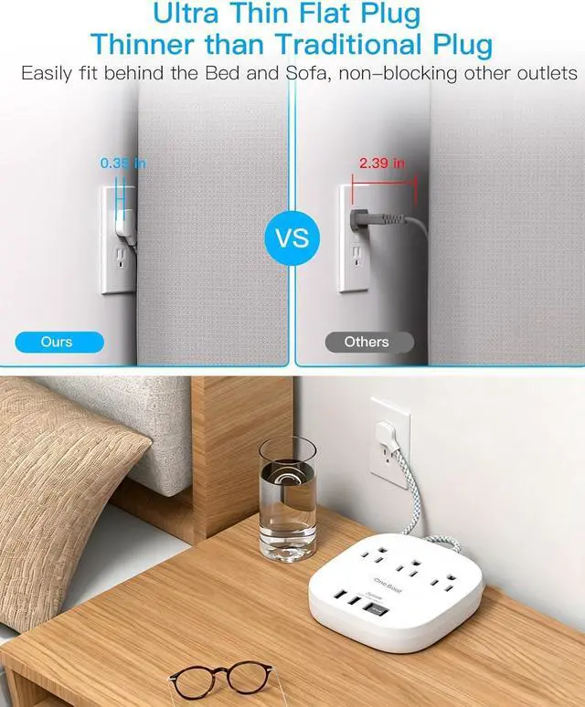 Alt view image 3 of 6 - Cruise Ship Travel Essentials, 22.5W/4.5A Flat Plug Power Strip, 3Ft Flat Extension Cord, 3 Outlets 4 USB Ports (2 USB C) Cruise Approved Power Strip No Surge Protection, Desktop Charging Station