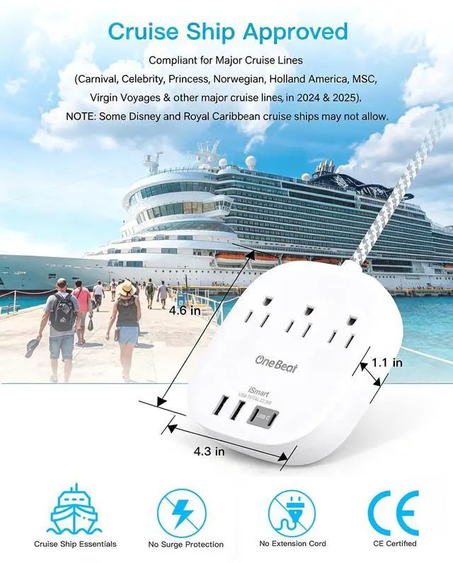 Alt view image 4 of 6 - Cruise Ship Travel Essentials, 22.5W/4.5A Flat Plug Power Strip, 3Ft Flat Extension Cord, 3 Outlets 4 USB Ports (2 USB C) Cruise Approved Power Strip No Surge Protection, Desktop Charging Station