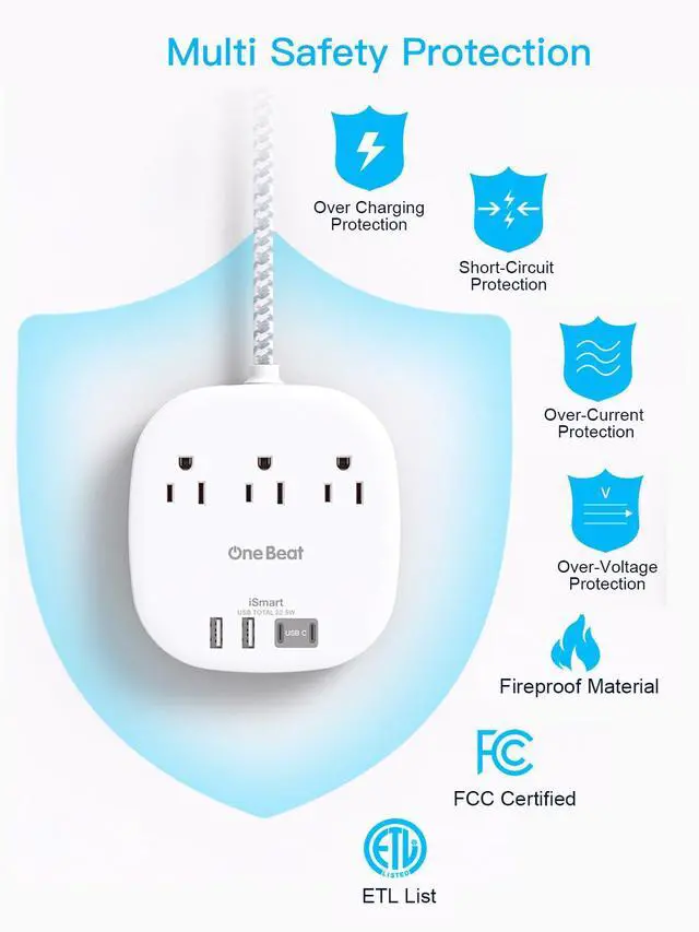 Alt view image 6 of 6 - Cruise Ship Travel Essentials, 22.5W/4.5A Flat Plug Power Strip, 3Ft Flat Extension Cord, 3 Outlets 4 USB Ports (2 USB C) Cruise Approved Power Strip No Surge Protection, Desktop Charging Station