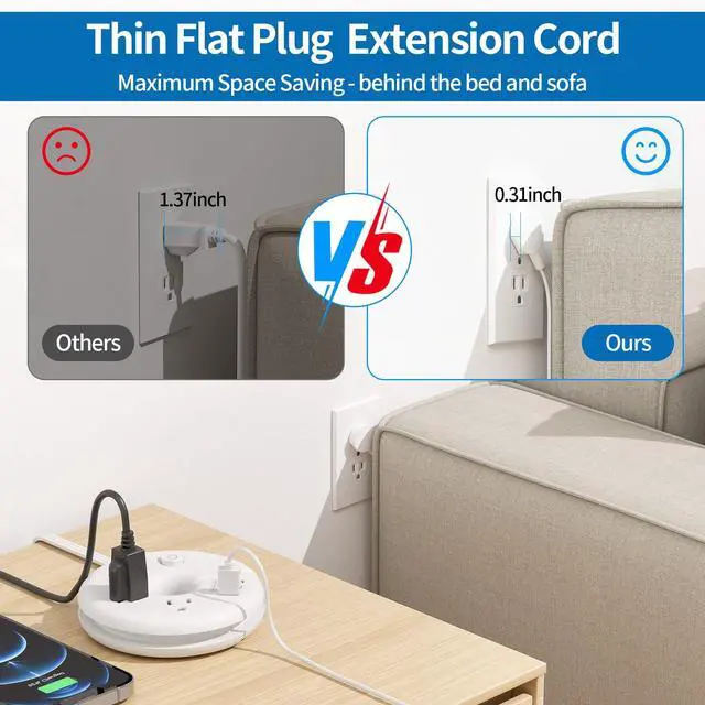 Alt view image 4 of 7 - Travel Power Strip, Cruise Approved Power Strip, Portable Power Strip Flat Plug - 3 Outlets with 3 USB Ports, 4 ft Travel Extension Cord for Cruise Accessories Must Haves, Travel Essentials