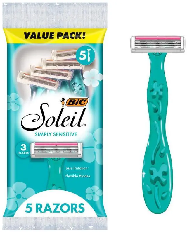 Main image of Soleil 3 Simply Women's Disposable 3-Blade Razors, Aloe Moisture Strip, Floral Handles, College Dorm Room Essential, Shower Caddy and Toiletry Bag Ready, 5-Pack