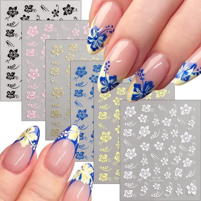 Main image of Hibiscus Flower Nail Stickers, 6PCS Hibiscus Flowers Nail Decals 3D Self-Adhesive White Pink Colorful Hawaiian Floral Sticker for Nails Cherry Blossom Nail Design Summer Decoration Manicure