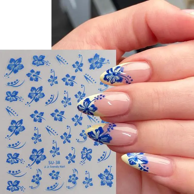Alt view image 5 of 6 - Hibiscus Flower Nail Stickers, 6PCS Hibiscus Flowers Nail Decals 3D Self-Adhesive White Pink Colorful Hawaiian Floral Sticker for Nails Cherry Blossom Nail Design Summer Decoration Manicure