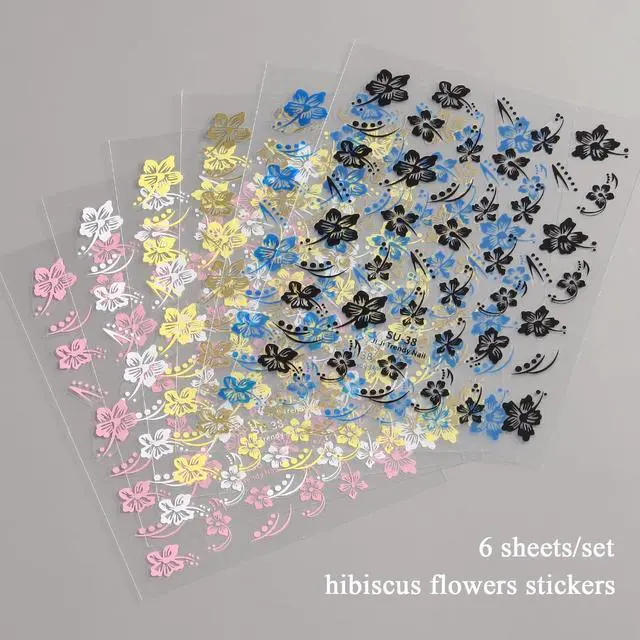 Alt view image 6 of 6 - Hibiscus Flower Nail Stickers, 6PCS Hibiscus Flowers Nail Decals 3D Self-Adhesive White Pink Colorful Hawaiian Floral Sticker for Nails Cherry Blossom Nail Design Summer Decoration Manicure