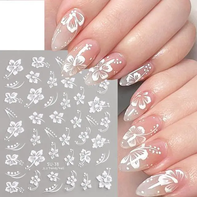 Alt view image 3 of 6 - Hibiscus Flower Nail Stickers, 6PCS Hibiscus Flowers Nail Decals 3D Self-Adhesive White Pink Colorful Hawaiian Floral Sticker for Nails Cherry Blossom Nail Design Summer Decoration Manicure