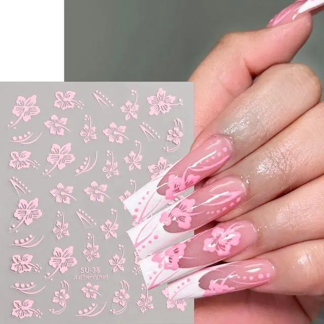 Alt view image 4 of 6 - Hibiscus Flower Nail Stickers, 6PCS Hibiscus Flowers Nail Decals 3D Self-Adhesive White Pink Colorful Hawaiian Floral Sticker for Nails Cherry Blossom Nail Design Summer Decoration Manicure