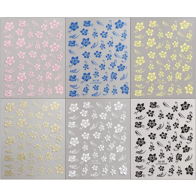 Alt view image 2 of 6 - Hibiscus Flower Nail Stickers, 6PCS Hibiscus Flowers Nail Decals 3D Self-Adhesive White Pink Colorful Hawaiian Floral Sticker for Nails Cherry Blossom Nail Design Summer Decoration Manicure
