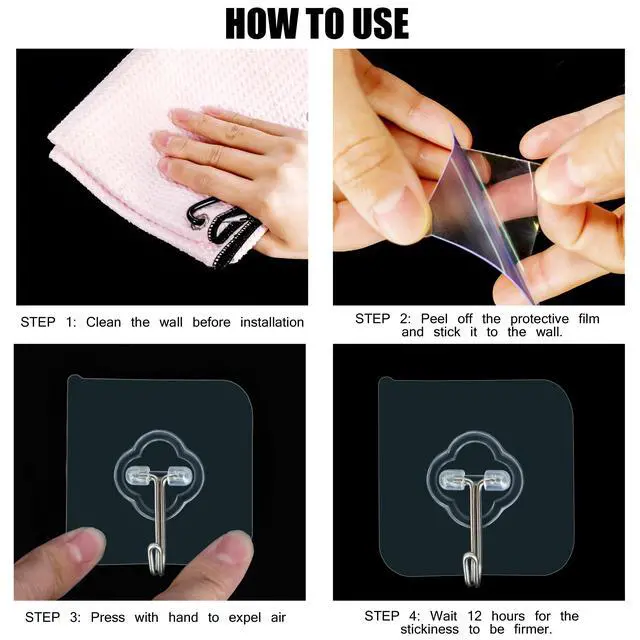 Alt view image 3 of 7 - Adhesive Hooks, 32 Pack 33lb(Max) Sticky Hooks, Transparent Reusable Removable Adhesive Hooks for Hanging, Wall Hooks for Hanging Can be Use for Kitchen Bathroom Shower Outdoor Home Improvement