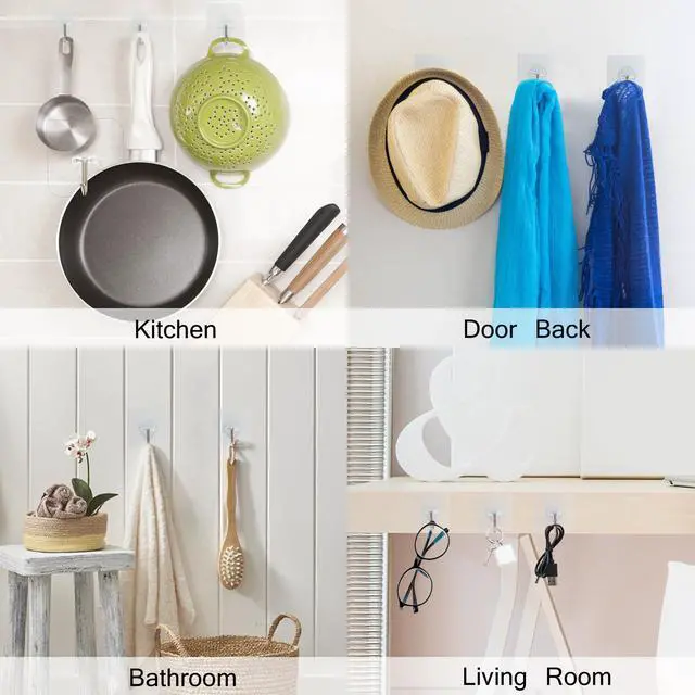 Alt view image 5 of 7 - Adhesive Hooks, 32 Pack 33lb(Max) Sticky Hooks, Transparent Reusable Removable Adhesive Hooks for Hanging, Wall Hooks for Hanging Can be Use for Kitchen Bathroom Shower Outdoor Home Improvement