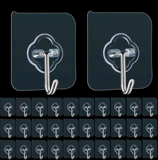Main image of Adhesive Hooks, 32 Pack 33lb(Max) Sticky Hooks, Transparent Reusable Removable Adhesive Hooks for Hanging, Wall Hooks for Hanging Can be Use for Kitchen Bathroom Shower Outdoor Home Improvement