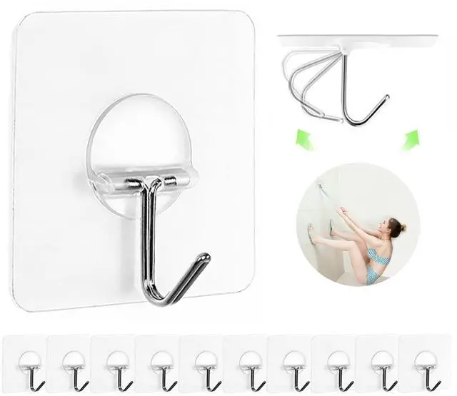 Main image of Adhesive Wall Hooks 13LB Heavy Duty No Drill Transparent Waterproof Hooks for Bathroom Kitchen Towel Coat 12 Pack