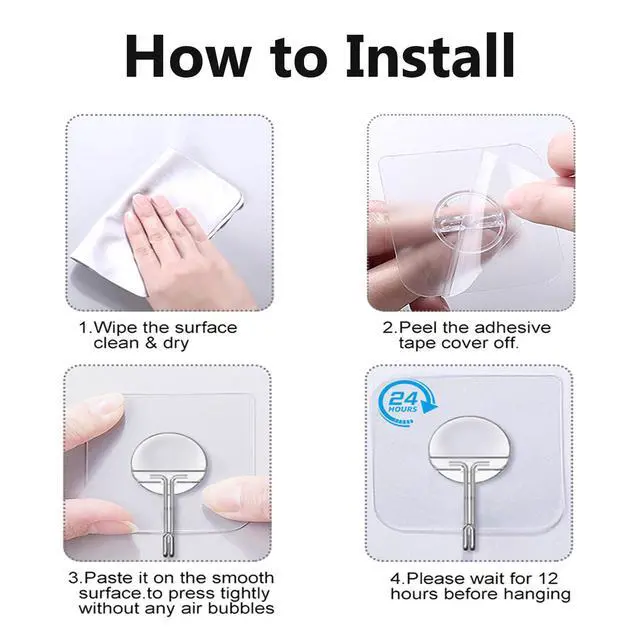 Alt view image 6 of 7 - Adhesive Wall Hooks 13LB Heavy Duty No Drill Transparent Waterproof Hooks for Bathroom Kitchen Towel Coat 12 Pack