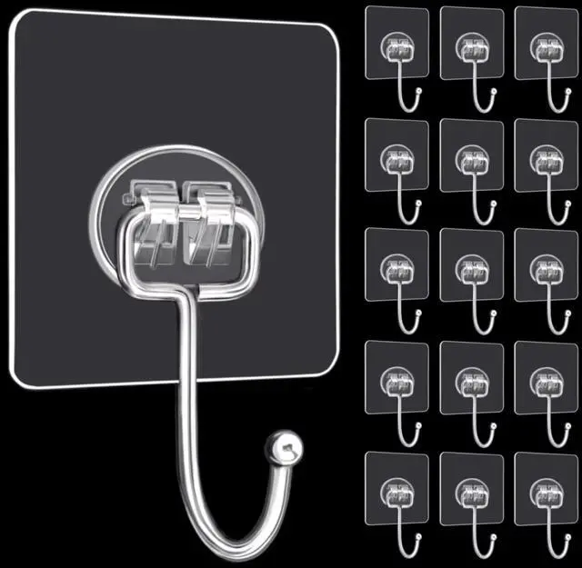 Main image of Large Adhesive Hooks, 16-Pack Hold 33lb(Max) Heavy Duty Sticky Hooks, Waterproof Transparent Hooks for Hanging, Self-Adhesive Traceless Clear Wall Hooks to Use for Keys Robe & Towel