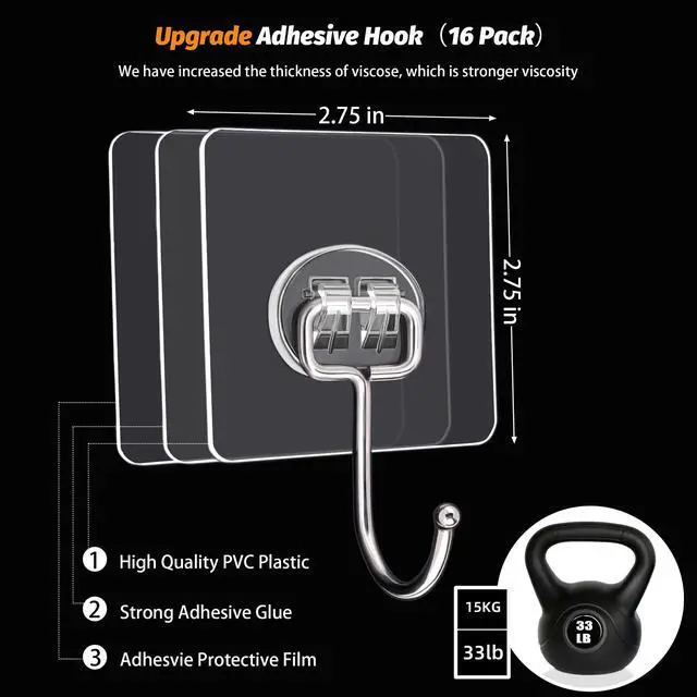 Alt view image 2 of 7 - Large Adhesive Hooks, 16-Pack Hold 33lb(Max) Heavy Duty Sticky Hooks, Waterproof Transparent Hooks for Hanging, Self-Adhesive Traceless Clear Wall Hooks to Use for Keys Robe & Towel