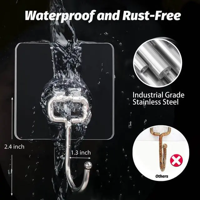 Alt view image 3 of 7 - Large Adhesive Hooks, 16-Pack Hold 33lb(Max) Heavy Duty Sticky Hooks, Waterproof Transparent Hooks for Hanging, Self-Adhesive Traceless Clear Wall Hooks to Use for Keys Robe & Towel