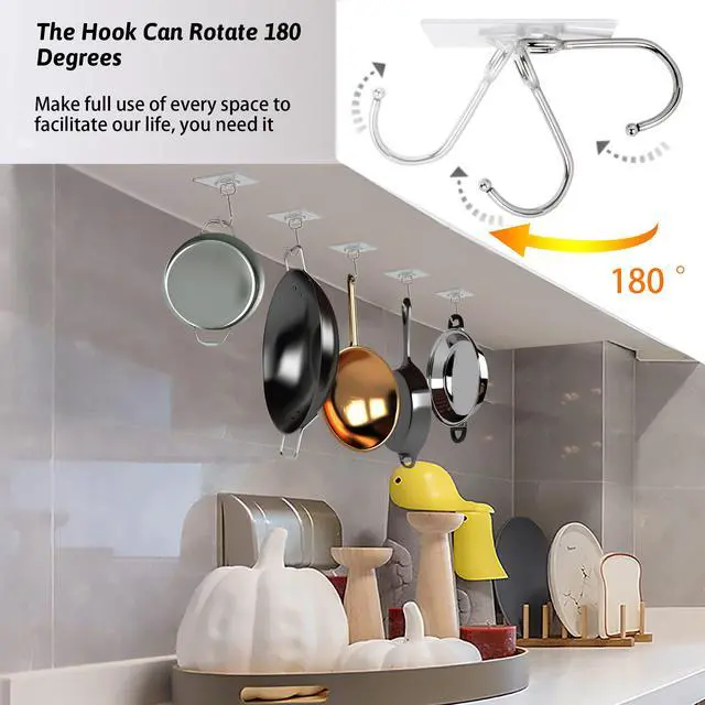Alt view image 4 of 7 - Large Adhesive Hooks, 16-Pack Hold 33lb(Max) Heavy Duty Sticky Hooks, Waterproof Transparent Hooks for Hanging, Self-Adhesive Traceless Clear Wall Hooks to Use for Keys Robe & Towel
