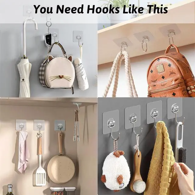 Alt view image 5 of 7 - Large Adhesive Hooks, 16-Pack Hold 33lb(Max) Heavy Duty Sticky Hooks, Waterproof Transparent Hooks for Hanging, Self-Adhesive Traceless Clear Wall Hooks to Use for Keys Robe & Towel