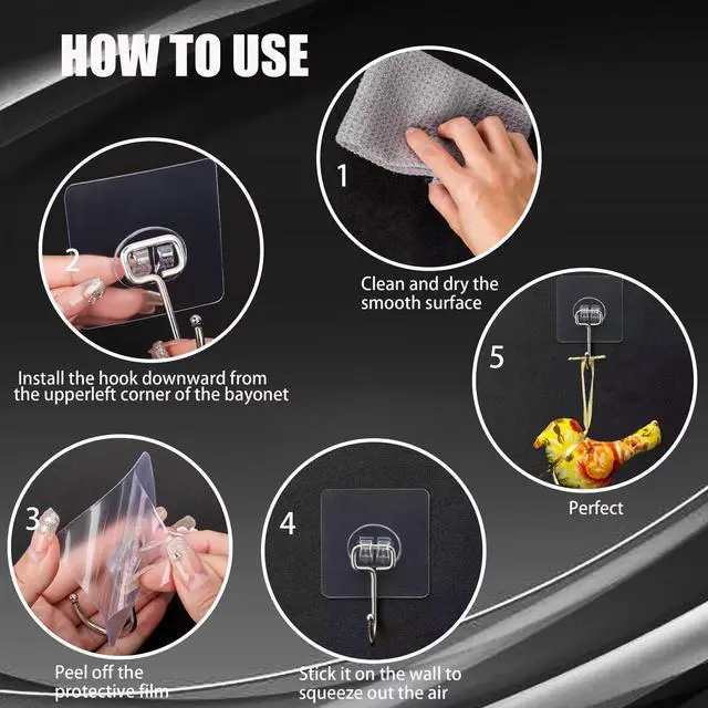 Alt view image 7 of 7 - Large Adhesive Hooks, 16-Pack Hold 33lb(Max) Heavy Duty Sticky Hooks, Waterproof Transparent Hooks for Hanging, Self-Adhesive Traceless Clear Wall Hooks to Use for Keys Robe & Towel