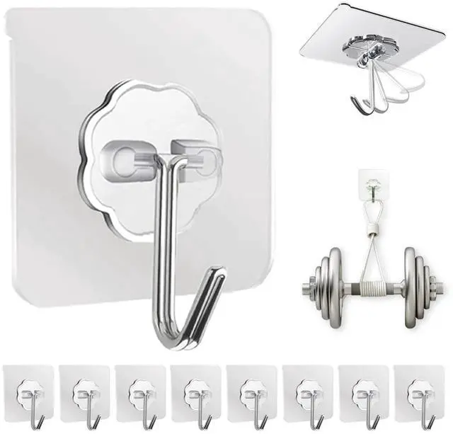 Main image of Adhesive Wall Hooks for Hanging Heavy Duty 50 lbs Large Hooks for Walls No Damage, Towel Sticky Clear Hook, Waterproof, Home, Bathroom, Kitchen, Office, and Outdoor 10 Pack