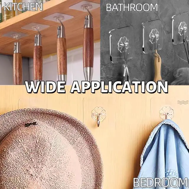 Alt view image 3 of 7 - Adhesive Wall Hooks for Hanging Heavy Duty 50 lbs Large Hooks for Walls No Damage, Towel Sticky Clear Hook, Waterproof, Home, Bathroom, Kitchen, Office, and Outdoor 10 Pack