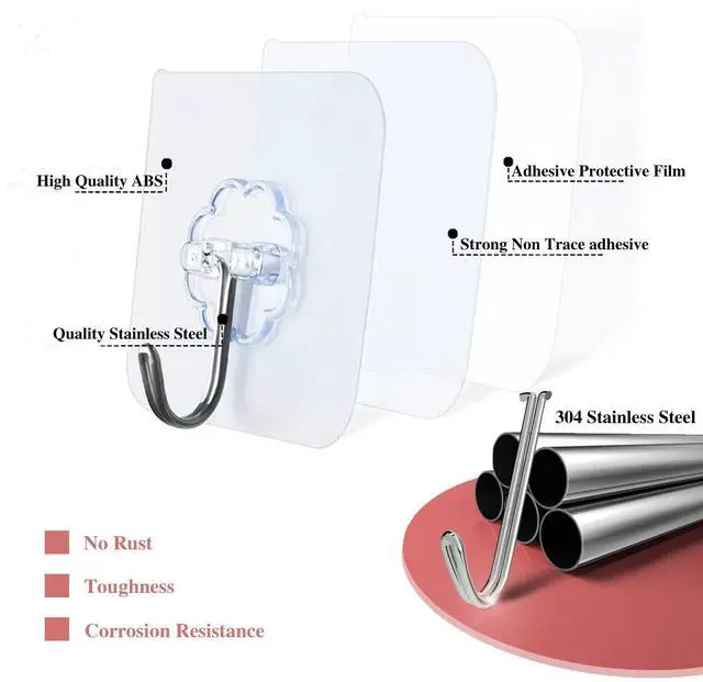 Alt view image 6 of 7 - Adhesive Wall Hooks for Hanging Heavy Duty 50 lbs Large Hooks for Walls No Damage, Towel Sticky Clear Hook, Waterproof, Home, Bathroom, Kitchen, Office, and Outdoor 10 Pack