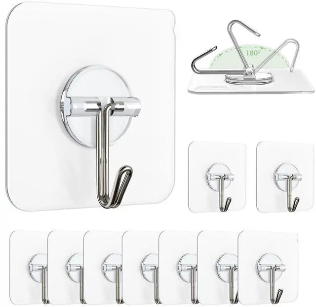 Main image of Adhesive Wall Hooks for Hanging, Clear Removable Window Hooks 13 lb Stainless Steel Stick on Hooks Waterproof Self Adhesive Hooks for Shower Door Ceiling Kitchen Cabinet 10 Pack