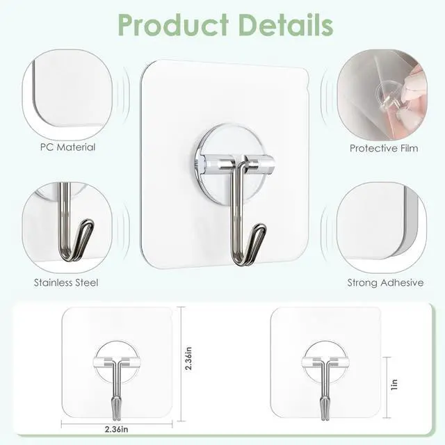 Alt view image 5 of 7 - Adhesive Wall Hooks for Hanging, Clear Removable Window Hooks 13 lb Stainless Steel Stick on Hooks Waterproof Self Adhesive Hooks for Shower Door Ceiling Kitchen Cabinet 10 Pack