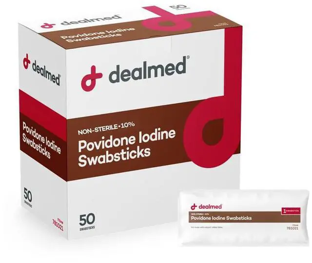 Main image of Povidone Iodine 10% Swabsticks - Individually Sealed Packets Perfect for Wound Care and Portable First Aid Kits, 50/Box (Pack of 1)