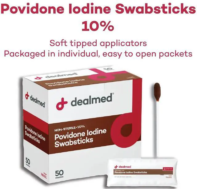 Alt view image 2 of 7 - Povidone Iodine 10% Swabsticks - Individually Sealed Packets Perfect for Wound Care and Portable First Aid Kits, 50/Box (Pack of 1)