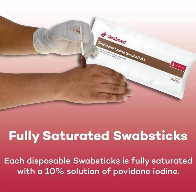 Alt view image 4 of 7 - Povidone Iodine 10% Swabsticks - Individually Sealed Packets Perfect for Wound Care and Portable First Aid Kits, 50/Box (Pack of 1)