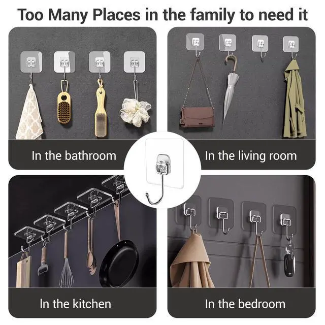 Alt view image 2 of 7 - Large Adhesive Hooks, 18 Pack Hold 44lb(Max) Heavy-Duty Sticky Hooks,Waterproof & Rustproof Wall Hook for Hanging Can be Use Kitchen Bathroom Outdoor Ceiling Office, Transparent