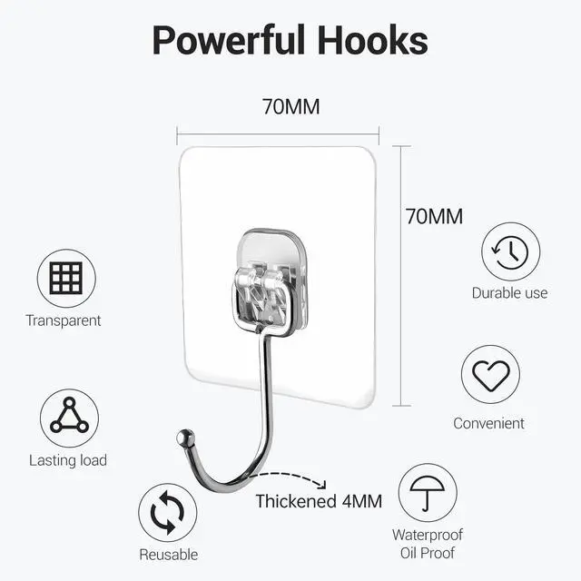 Alt view image 3 of 7 - Large Adhesive Hooks, 18 Pack Hold 44lb(Max) Heavy-Duty Sticky Hooks,Waterproof & Rustproof Wall Hook for Hanging Can be Use Kitchen Bathroom Outdoor Ceiling Office, Transparent