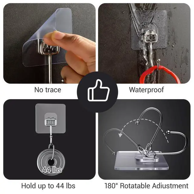 Alt view image 4 of 7 - Large Adhesive Hooks, 18 Pack Hold 44lb(Max) Heavy-Duty Sticky Hooks,Waterproof & Rustproof Wall Hook for Hanging Can be Use Kitchen Bathroom Outdoor Ceiling Office, Transparent